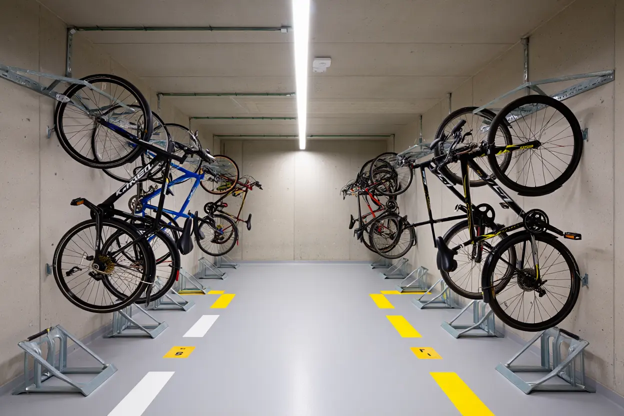 Local vélo aménagé avec racks verticaux