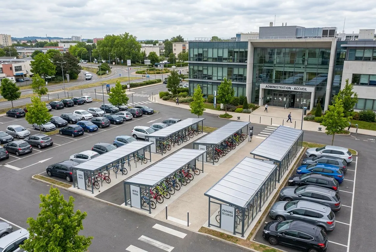 Abri vélo collectif moderne en parking public