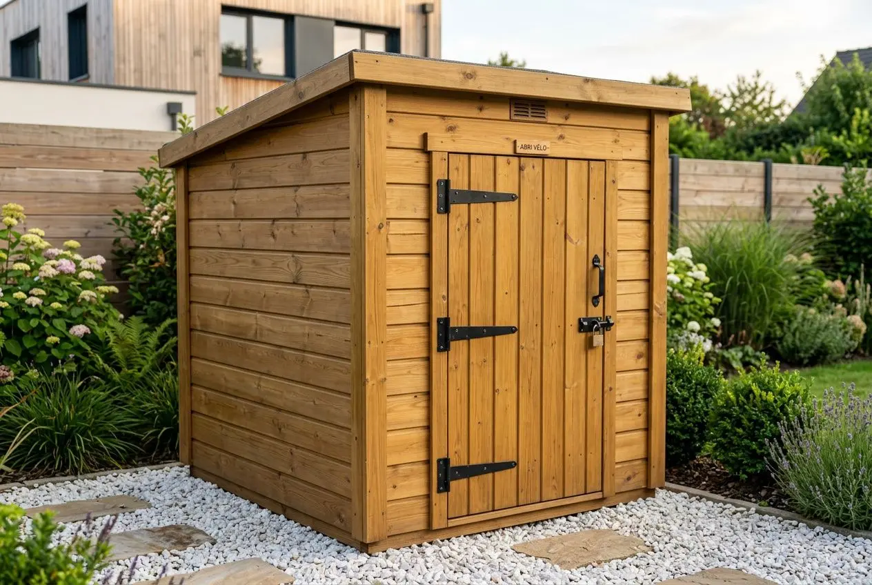 Abri vélo individuel en bois dans un jardin