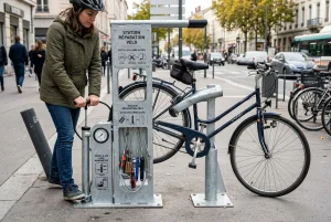 Borne réparation vélo libre-service en utilisation