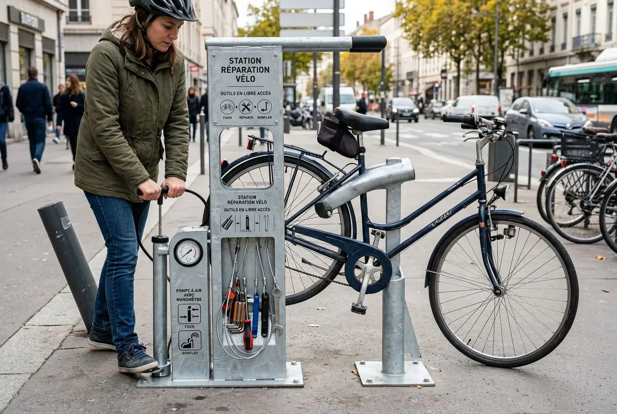Borne réparation vélo libre-service en utilisation