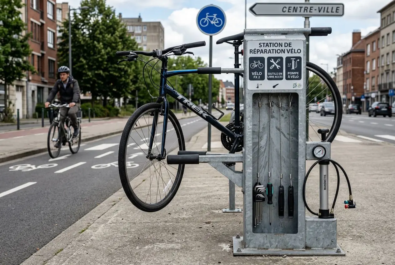 Station de réparation vélo en extérieur avec outils intégrés