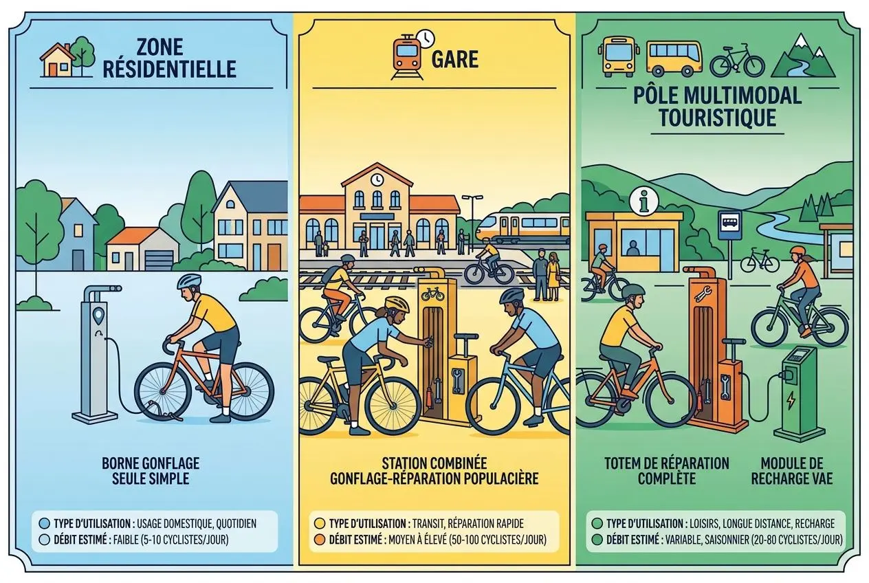 Comparaison trois configurations station réparation par zone urbaine