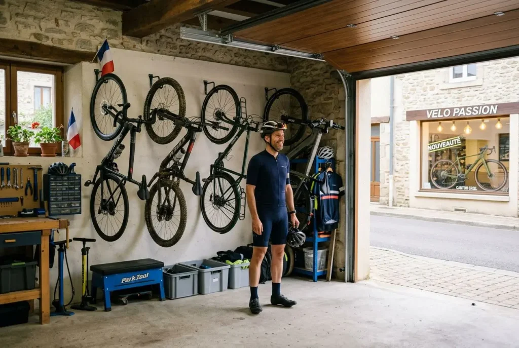 Cycliste passionné devant sa collection de vélos