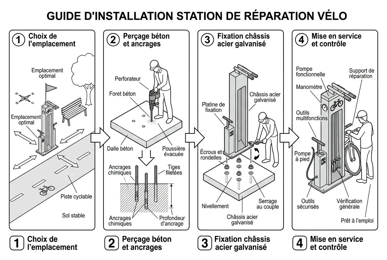 Étapes d'installation d'une station de réparation vélo