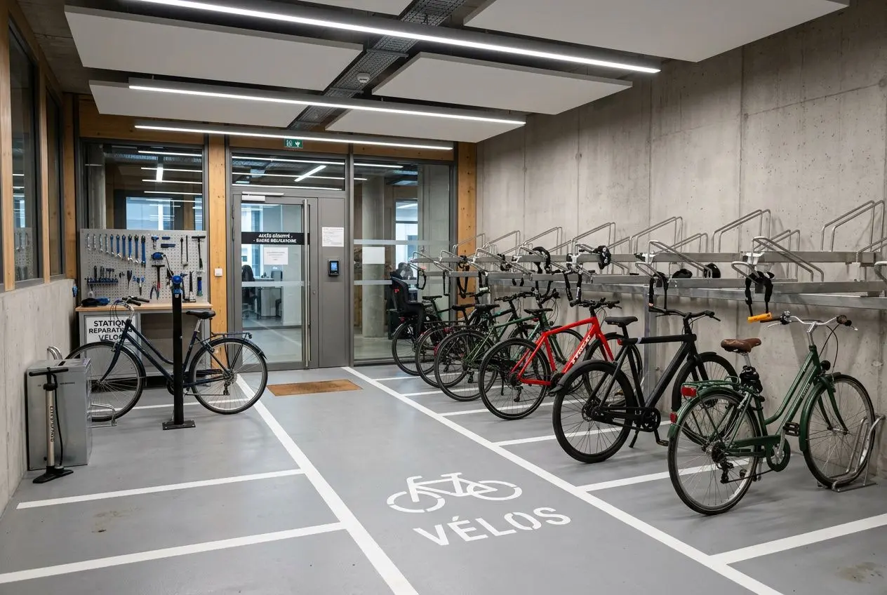 Local vélo sécurisé en entreprise avec éclairage LED et contrôle d'accès