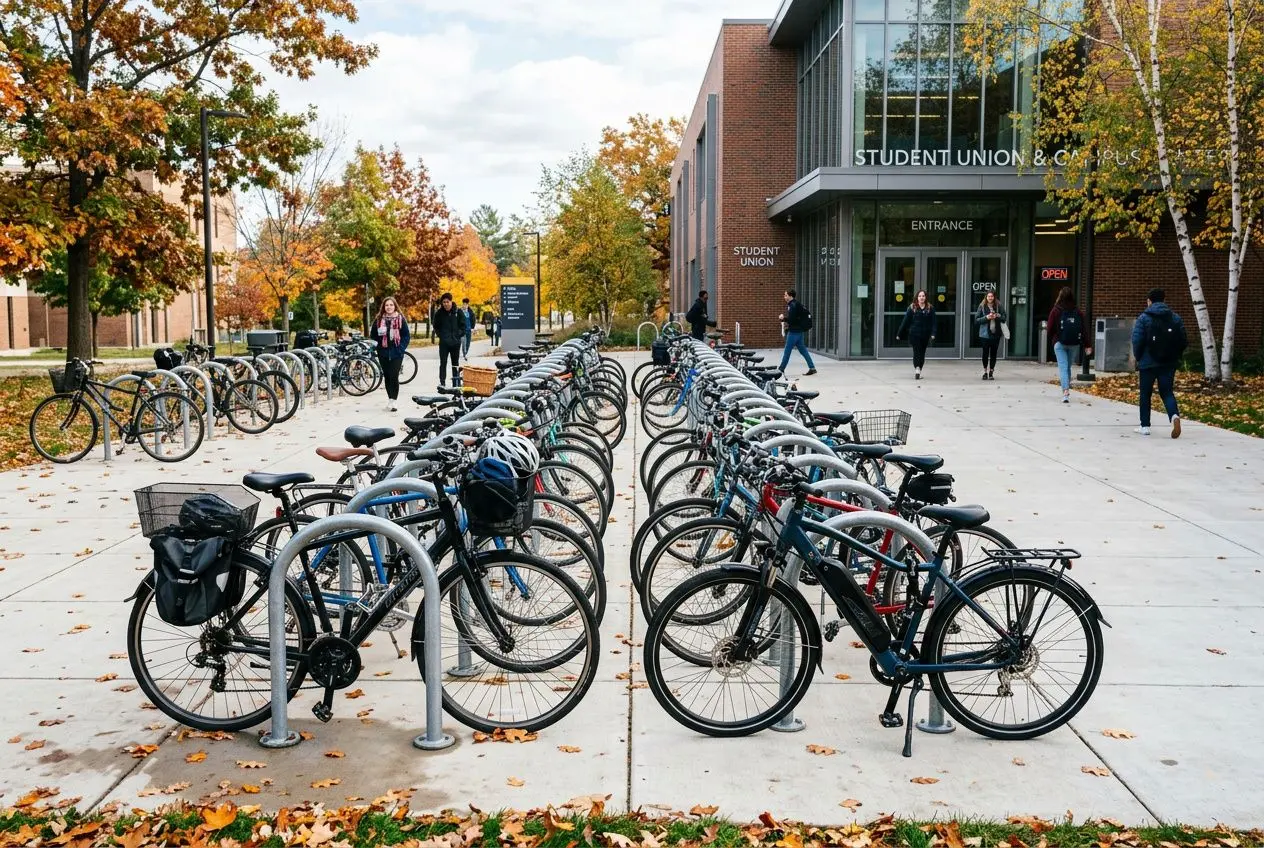 Parking vélo aménagé devant une entrée d'université