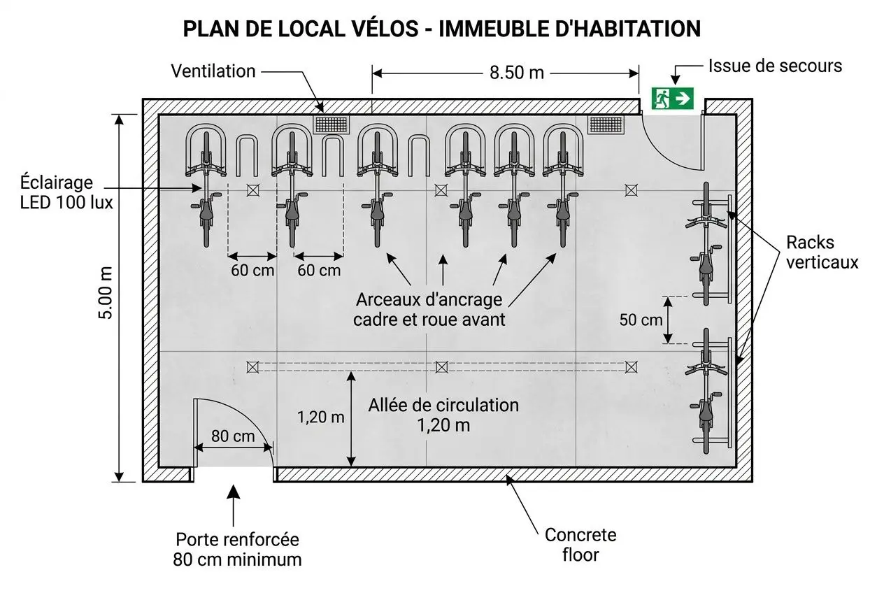 Plan technique d'un local à vélos en copropriété