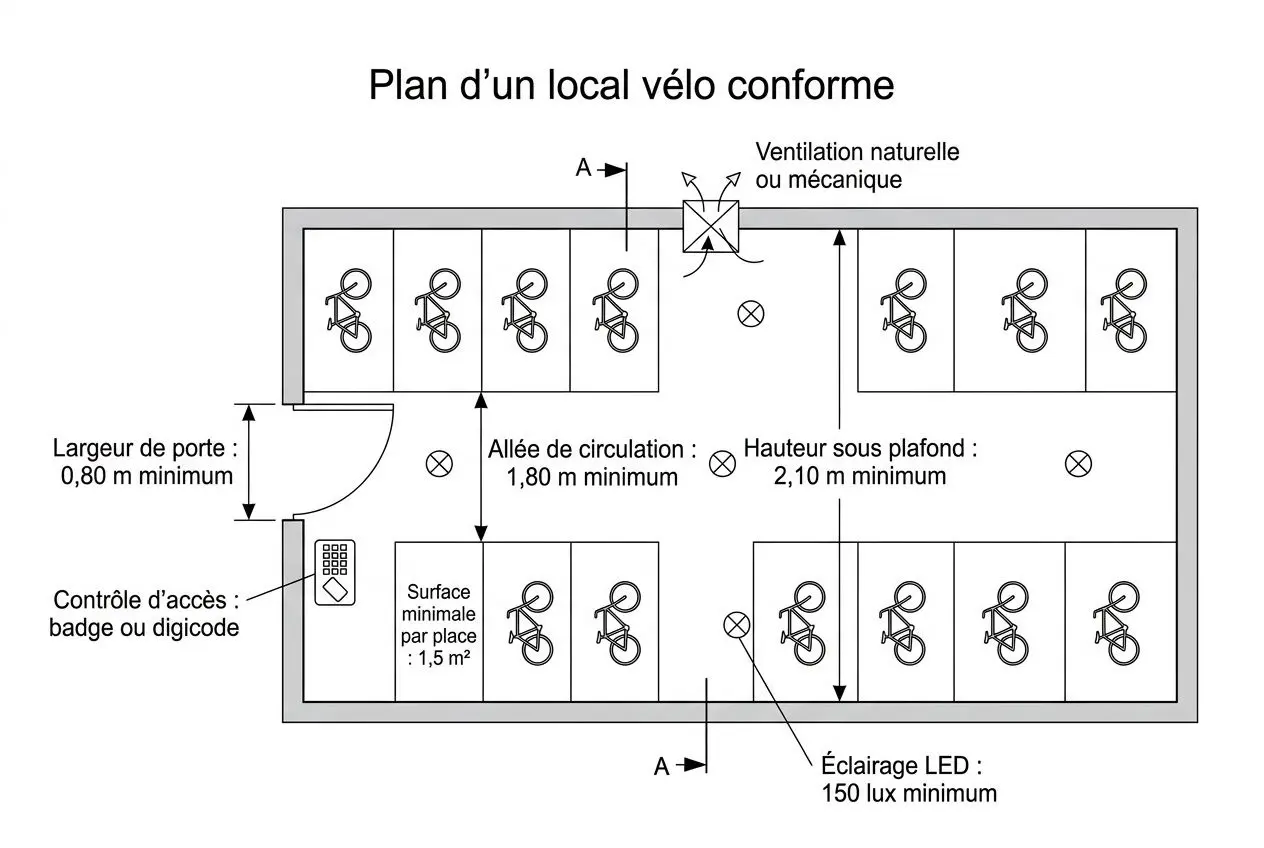 Plan technique d'un local vélo conforme aux normes réglementaires