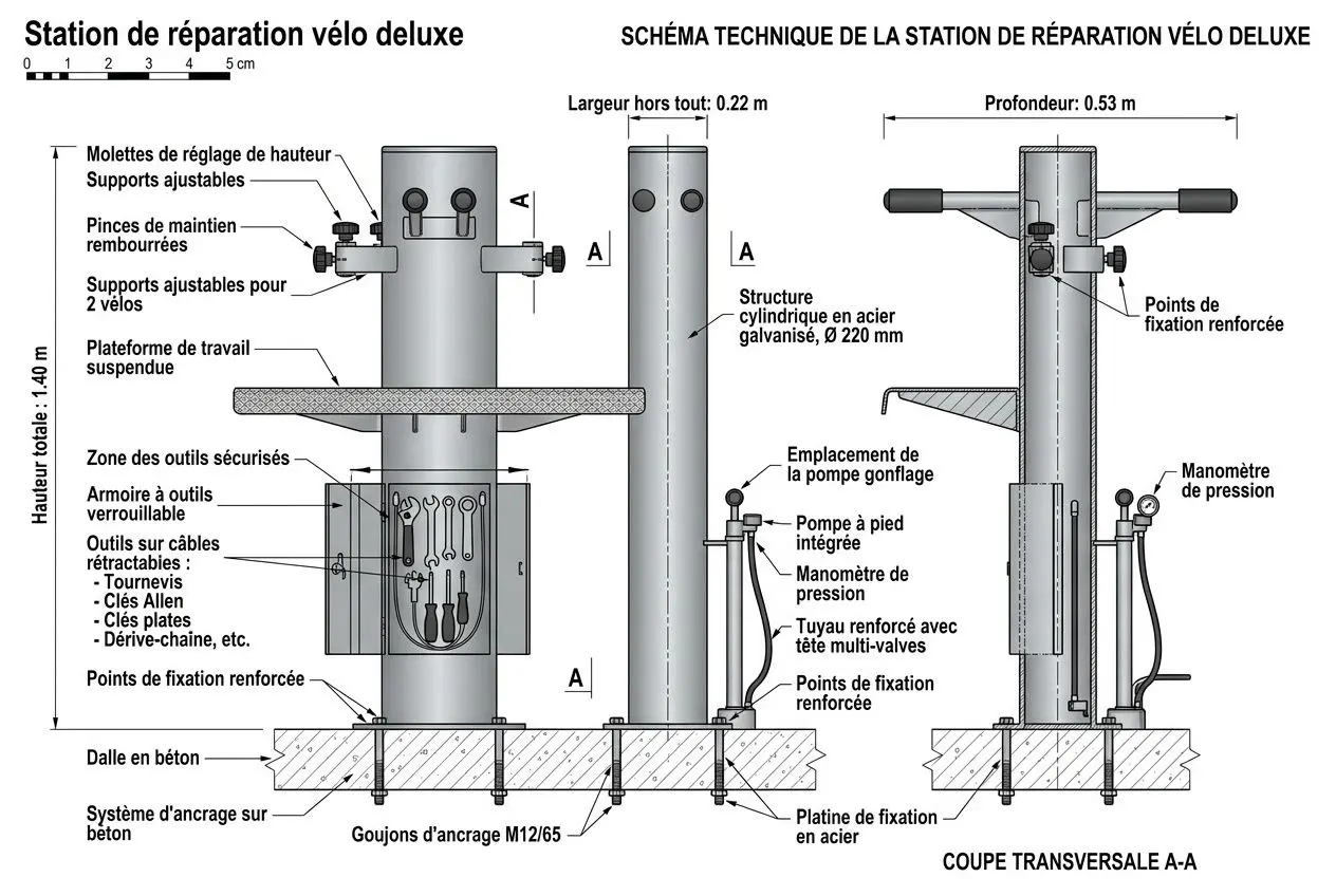 Schéma technique station réparation avec dimensions et installation