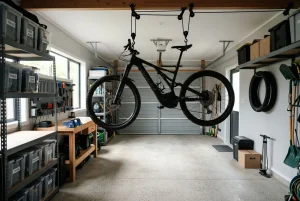Vélo suspendu au plafond du garage