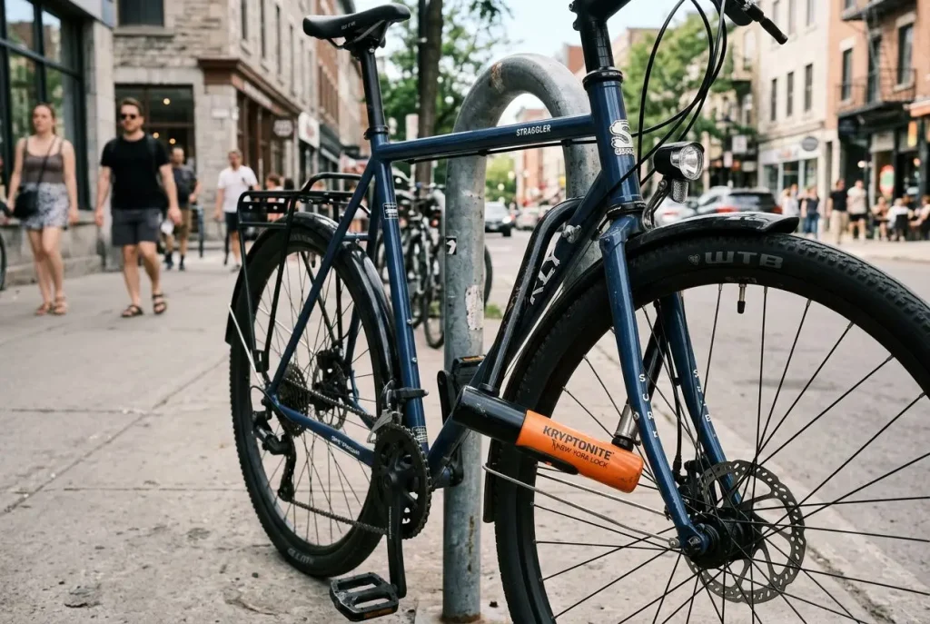 Antivol en U sécurisant un vélo à un arceau en ville