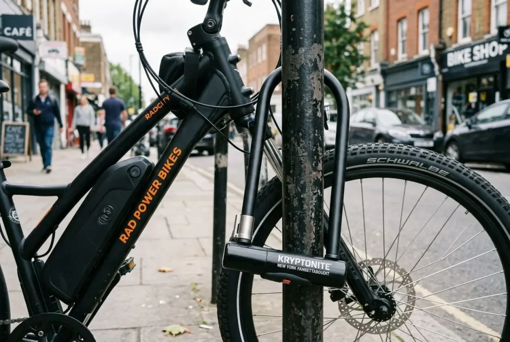 Antivol en U sur vélo électrique en ville
