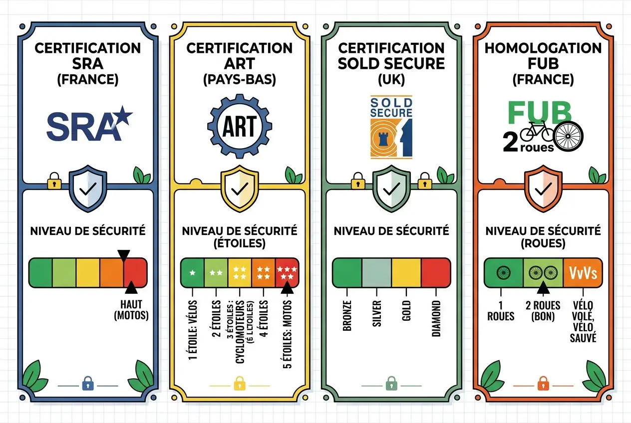 Comparatif certifications antivol vélo SRA ART Sold Secure FUB