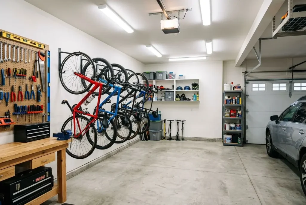 Garage avec vélos rangés sur supports muraux