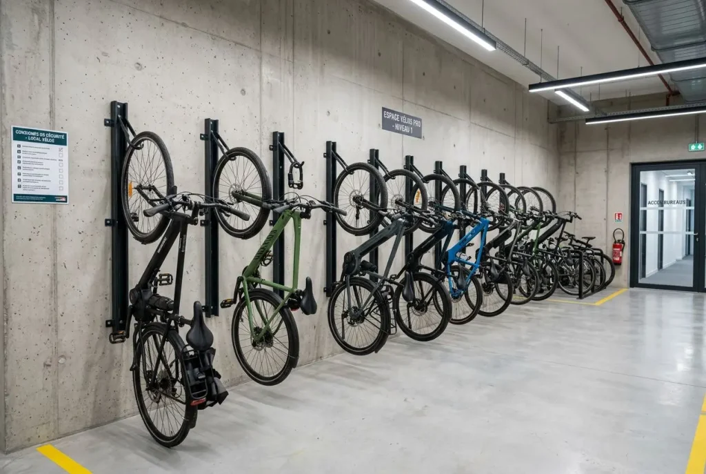 Local vélo professionnel avec supports muraux verticaux