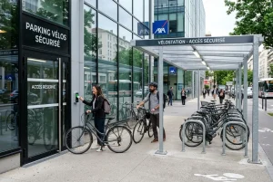 Parking vélo sécurisé à l'entrée d'un bâtiment tertiaire