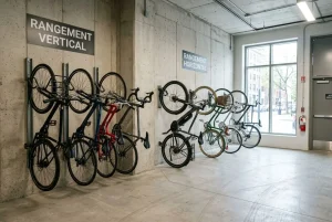 Rangement vélo vertical et horizontal dans un local collectif