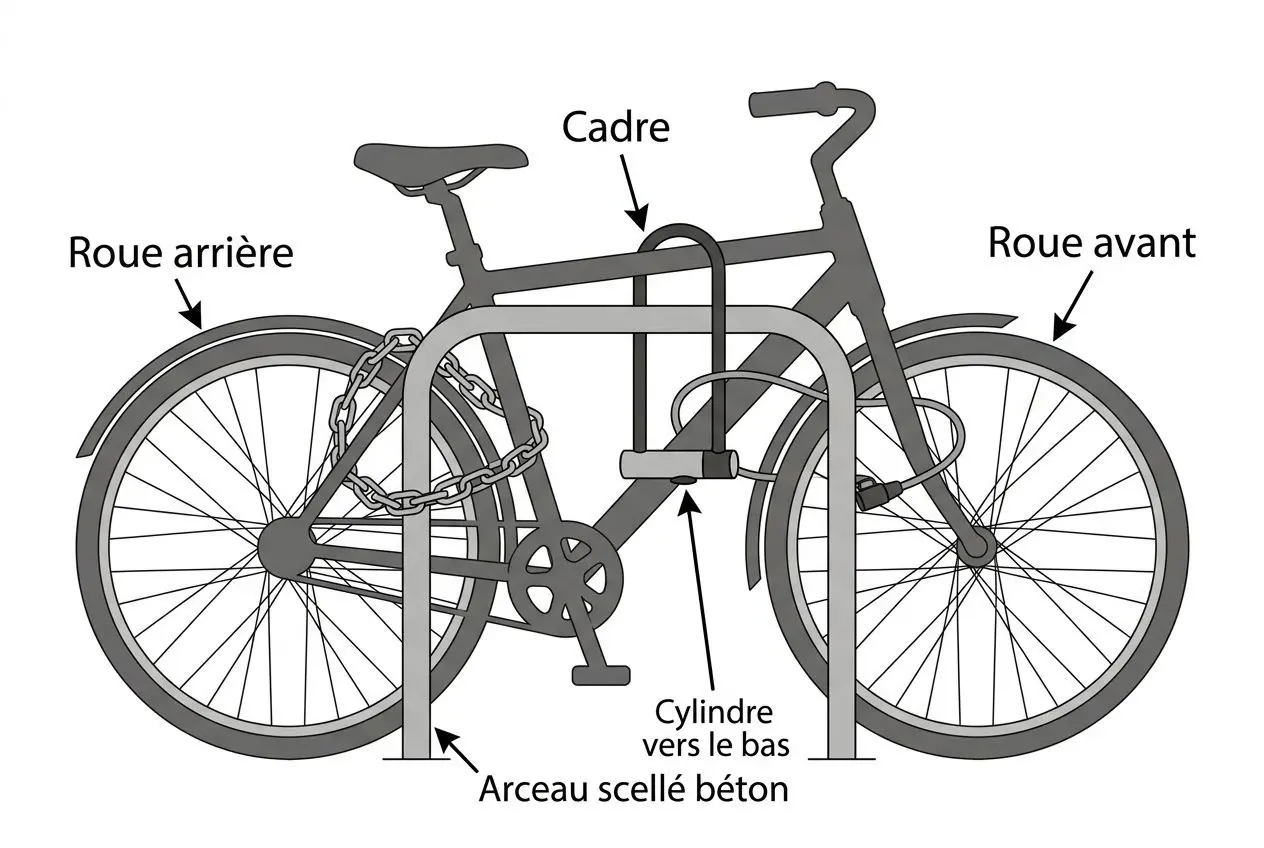 Schéma d'attachage optimal d'un vélo avec double antivol