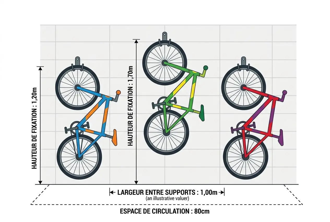 Schéma vélos en quinconce sur mur de garage