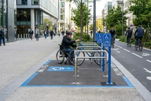 Stationnement vélo accessible PMR avec arceaux adaptés et signalisation