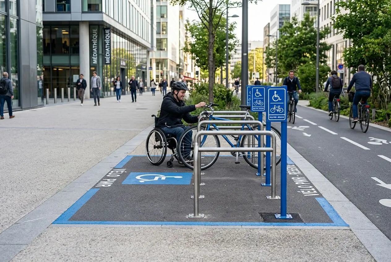 Stationnement vélo accessible PMR avec arceaux adaptés et signalisation