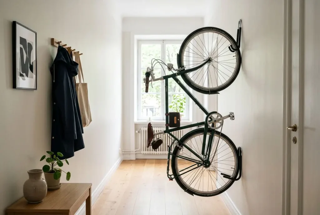 Support mural vélo dans un couloir d'appartement