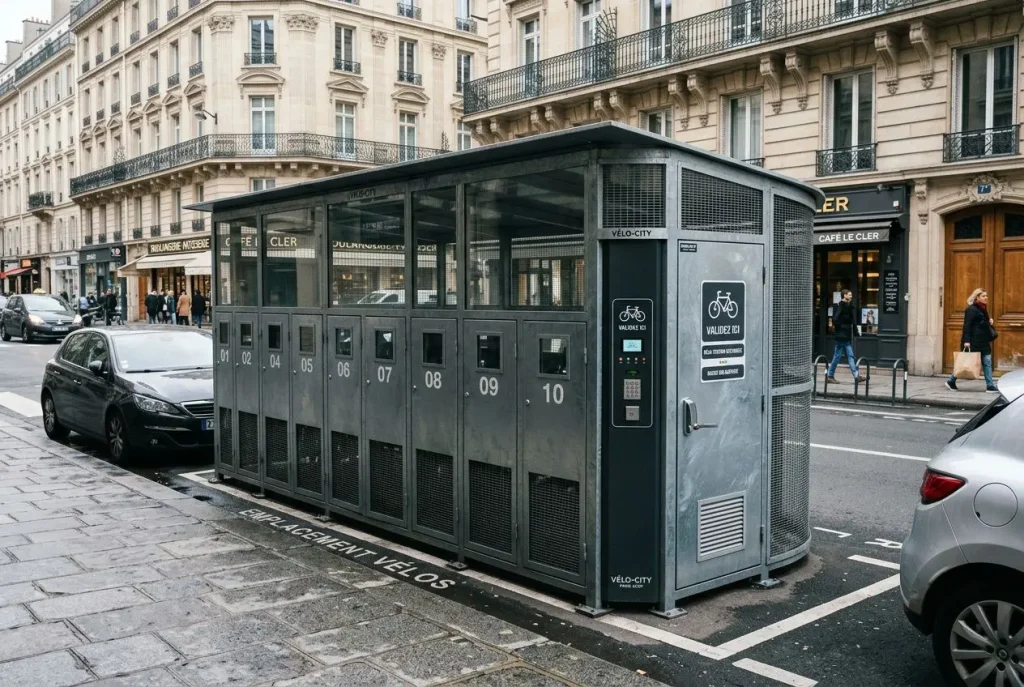Abri vélo sécurisé dans une rue parisienne