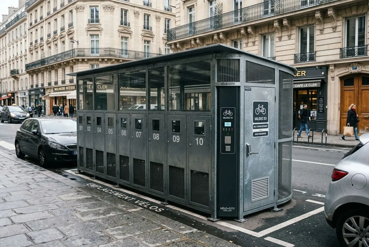 Abri vélo sécurisé dans une rue parisienne