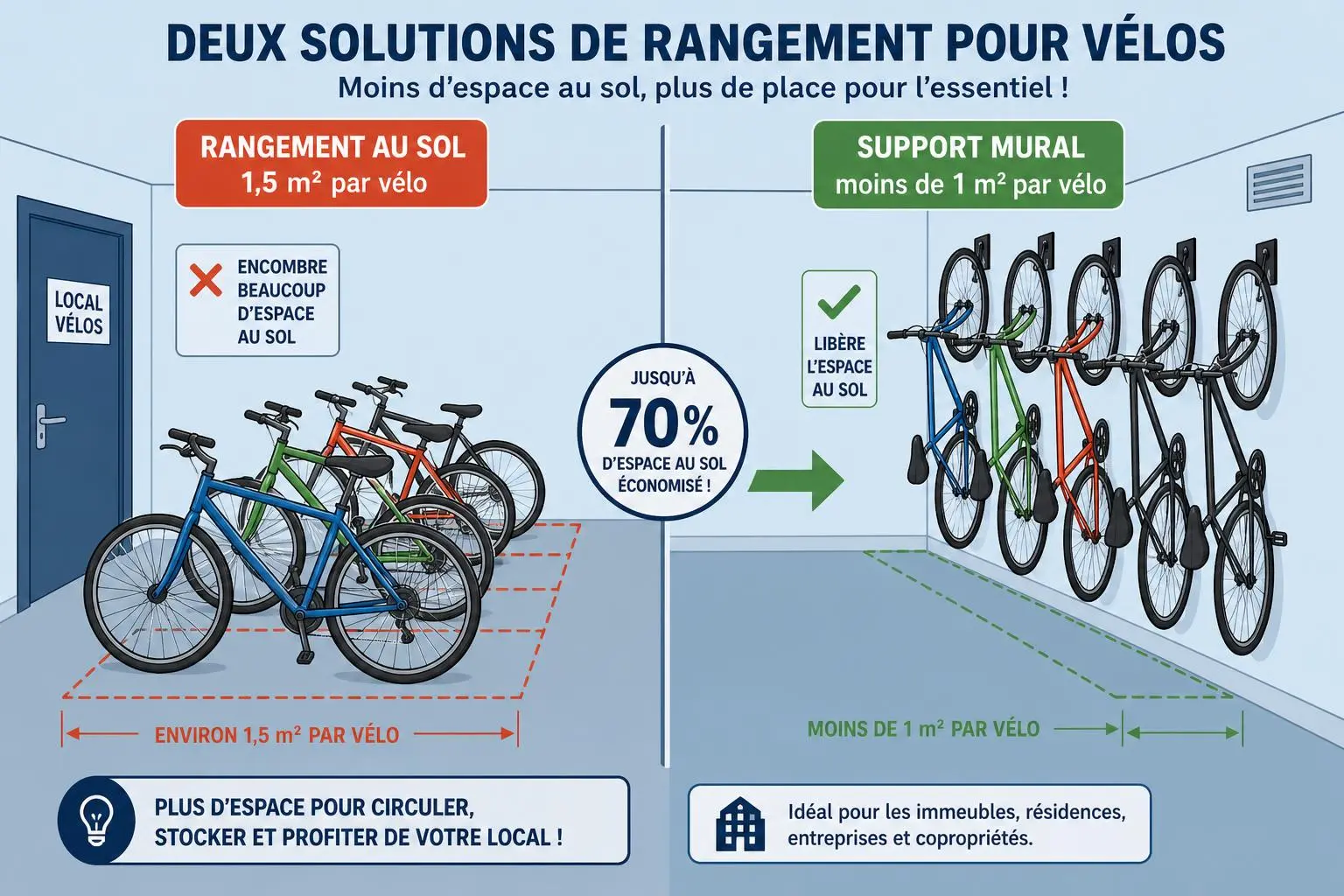 Comparaison rangement vélo au sol et au mur