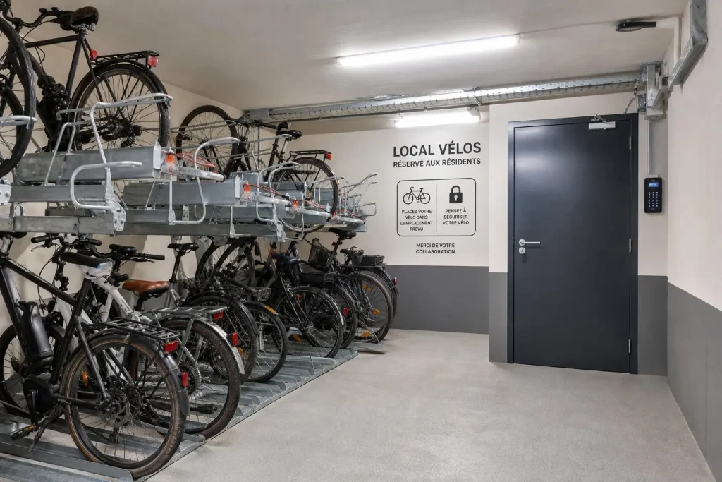 Local vélo sécurisé au rez-de-chaussée d'un immeuble