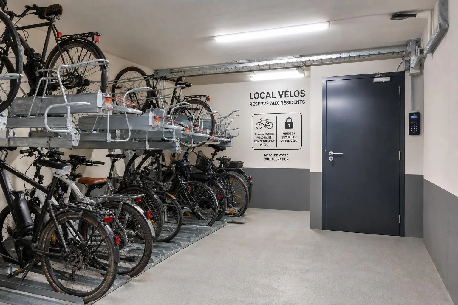 Local vélo sécurisé au rez-de-chaussée d'un immeuble