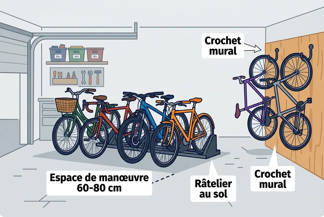 Organisation rangement vélos au sol dans un garage