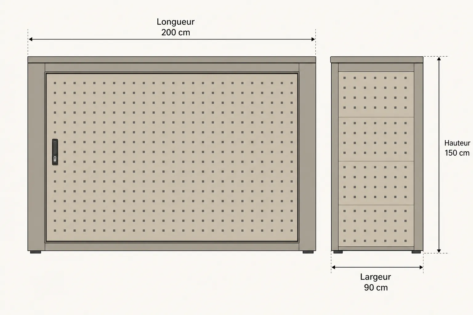 Aperçu technique d’un box vélos individuels : grande porte perforée et coffre à droite, dimensions indiquées (Longueur 200 cm, Largeur 90 cm, Hauteur 150 cm) pour abri extérieur sécurisant.