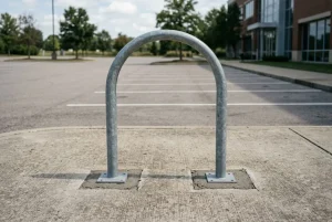Arceau vélos en métal fixé au sol, prêt à sécuriser des vélos dans un parking extérieur. arceaux vélos installation.