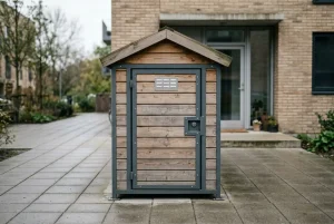 Box vélos individuels en bois et métal près d’une maison, abri extérieur sécurisé pour vélos sur pavé.