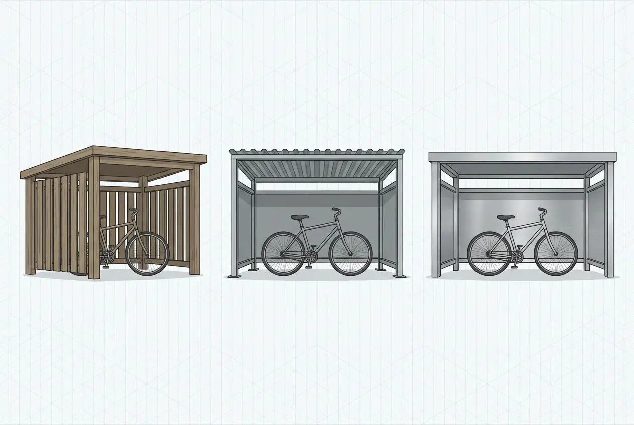 Trois abris différents pour vélos: un bois avec porte, puis deux abris gris métalliques ouverts contenant chacun un vélo. intègre le mot-clé: comment garder son vélo dehors en sécurité dans une phrase fluide?