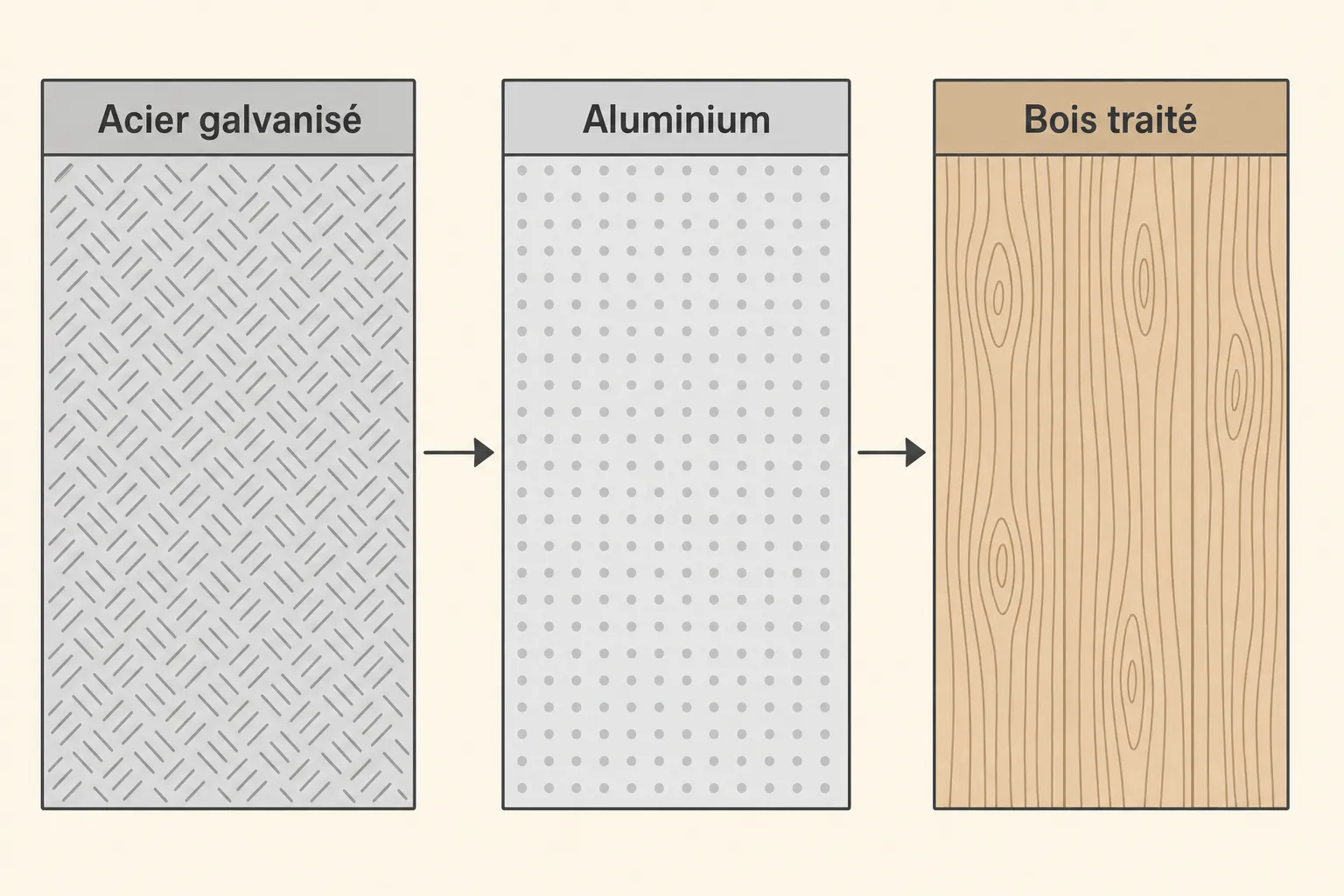 Trois panneaux montrant une transition de matériaux: acier galvanisé à grain diamanté, aluminium perforé, puis bois traité.