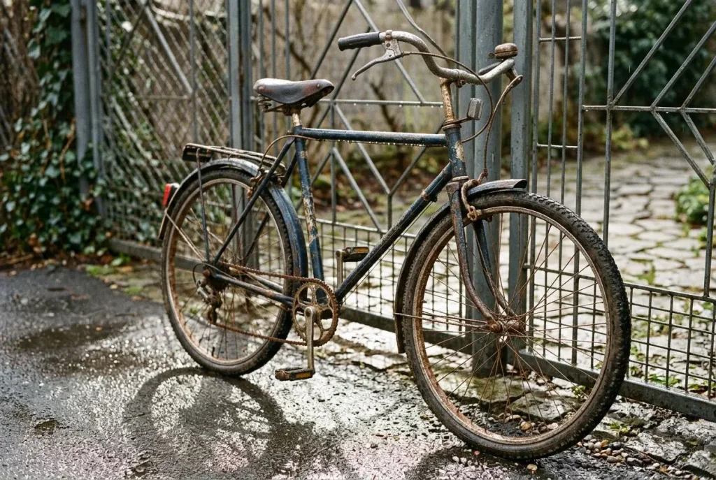 Vélo ancien et rouillé attaché près d’une porte en métal, sur un sol humide et pavé, près d’un grillage. Comment garder son vélo dehors en sécurité.