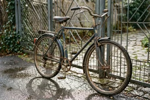 Vélo ancien et rouillé attaché près d’une porte en métal, sur un sol humide et pavé, près d’un grillage. Comment garder son vélo dehors en sécurité.