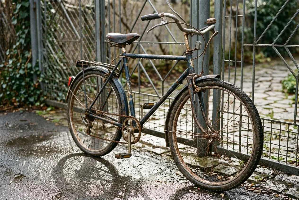 Vélo ancien et rouillé attaché près d’une porte en métal, sur un sol humide et pavé, près d’un grillage. Comment garder son vélo dehors en sécurité.