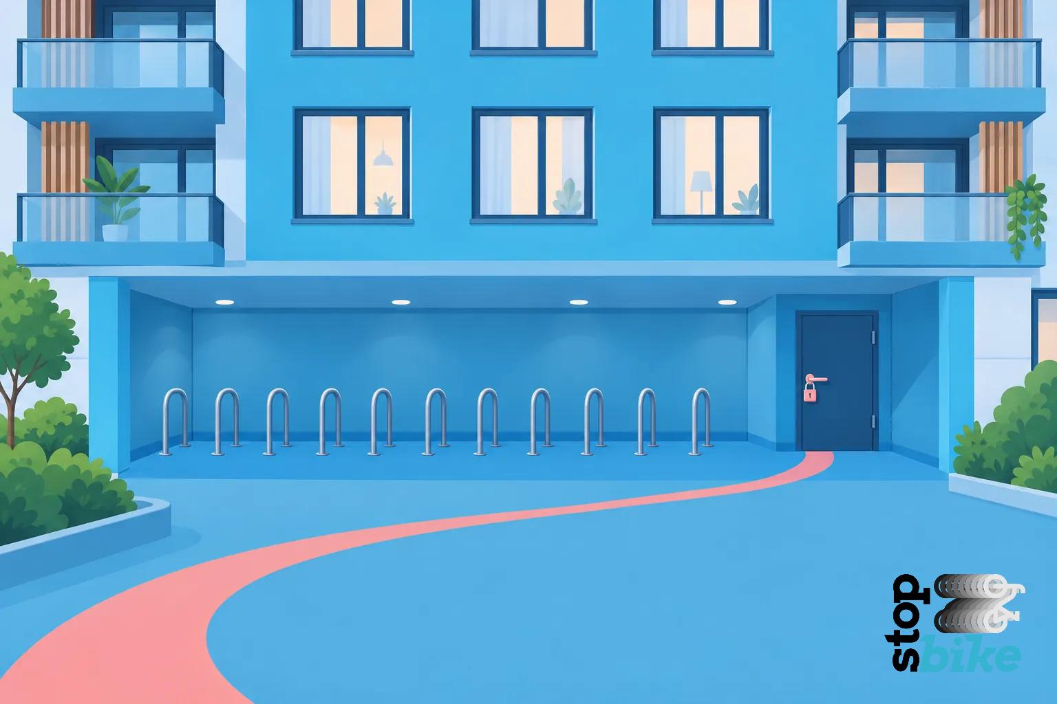 Accueil d’immeuble bleu avec aire de stationnement vélos et rails pour vélos en façade, devant une cour pavée et des plantes.