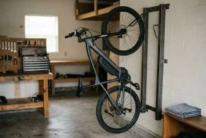 Comment ranger un vélo électrique dans un garage: vélo accroché verticalement sur un support mural robuste dans un atelier propre et organisé.