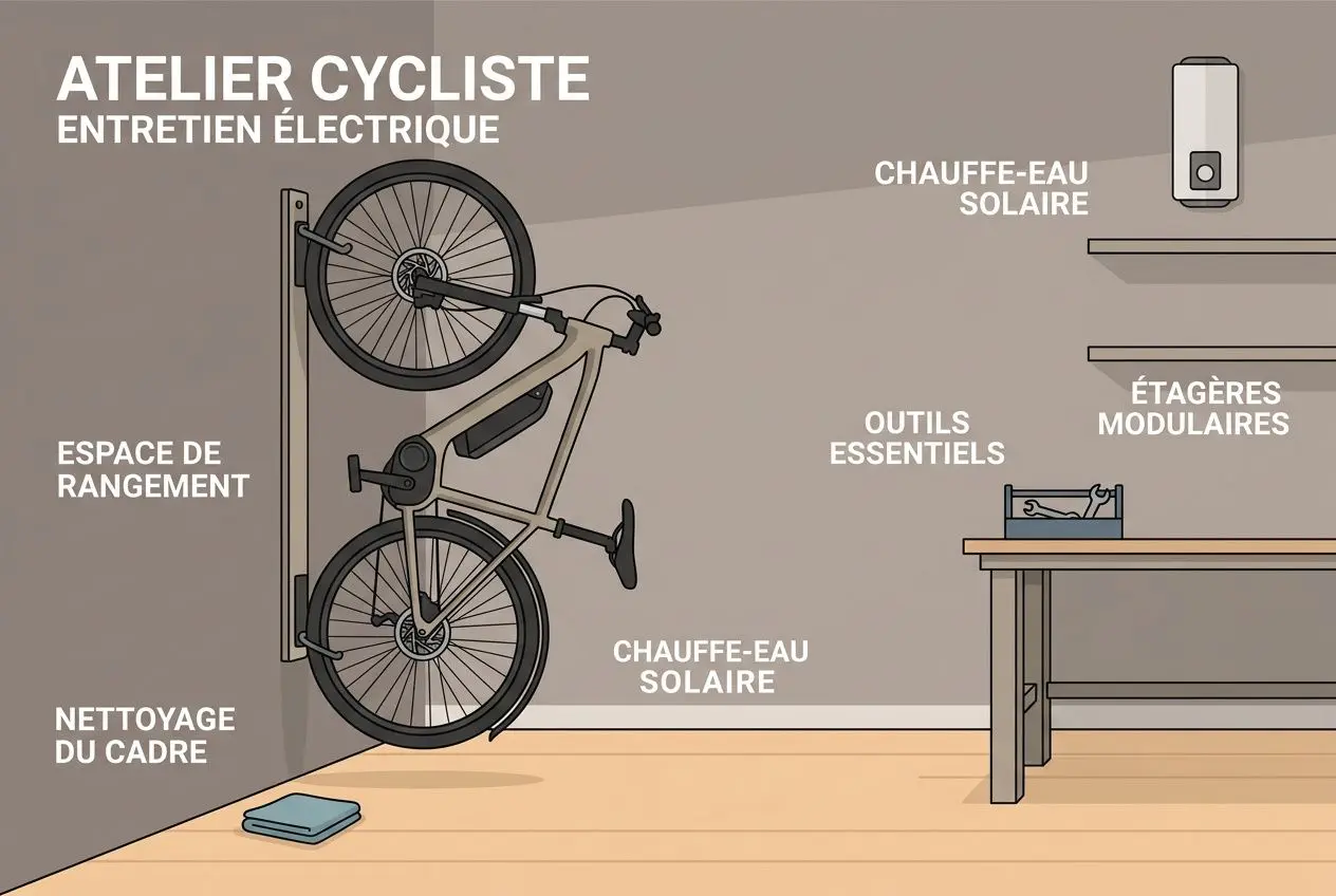 Comment ranger un vélo électrique : vélo plié accroché au mur avec rangement et nettoyage du cadre, outil et table de travail visibles.
