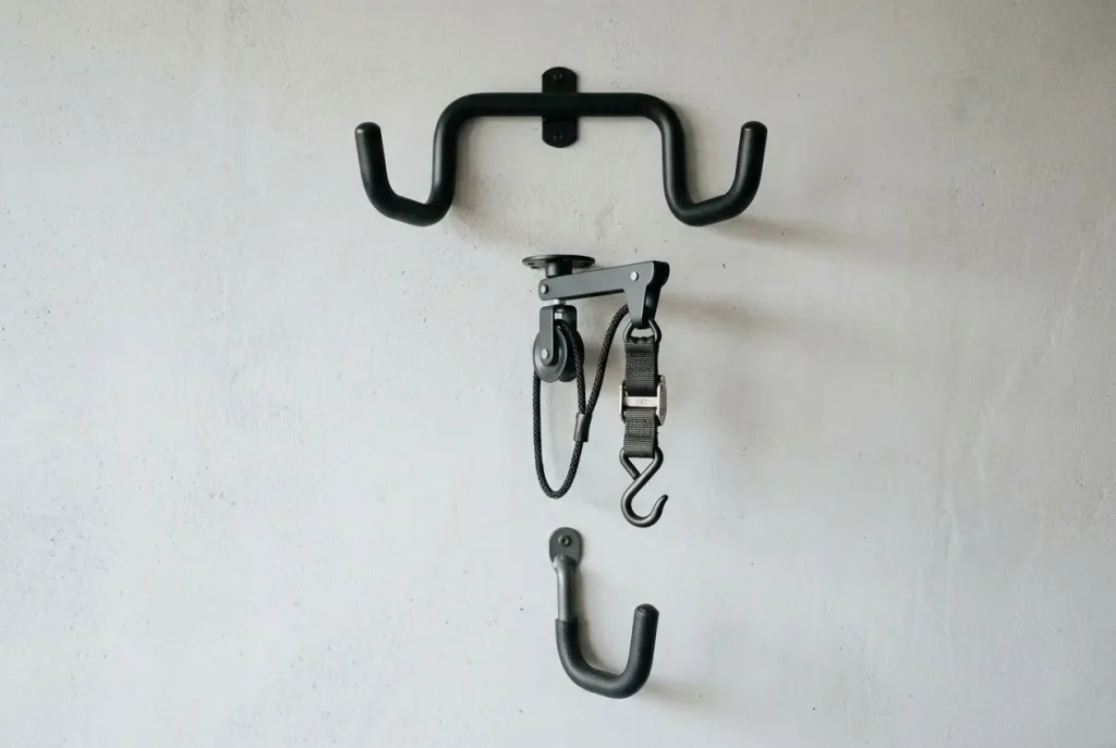 Crochet pour suspendre vélo mural avec support métallique et sangles, montrant un crochet supérieur et un autre en bas pour ranger le cadre ou la roue. Crochet pour suspendre vélo.