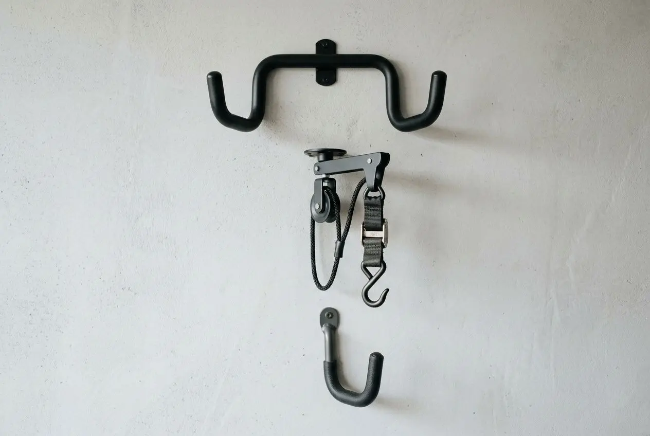 Crochet pour suspendre vélo mural avec support métallique et sangles, montrant un crochet supérieur et un autre en bas pour ranger le cadre ou la roue. Crochet pour suspendre vélo.
