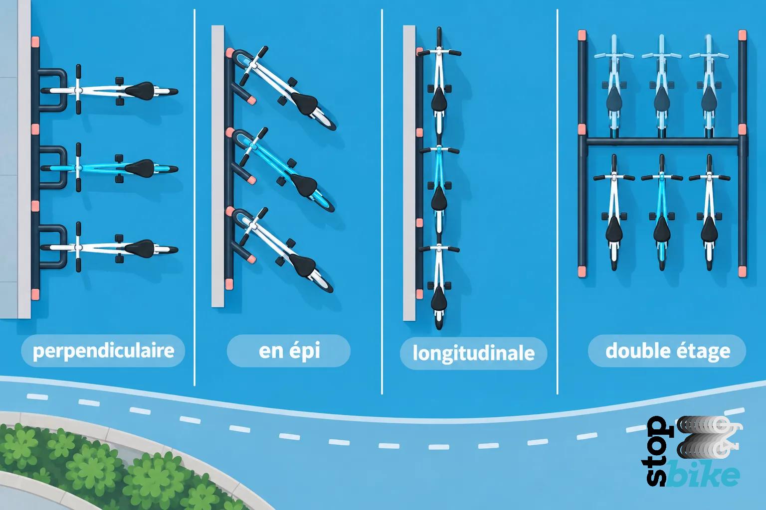 Disposition de vélos dans un abri ou espace de stationnement: plusieurs configurations montrent des vélos alignés sur des