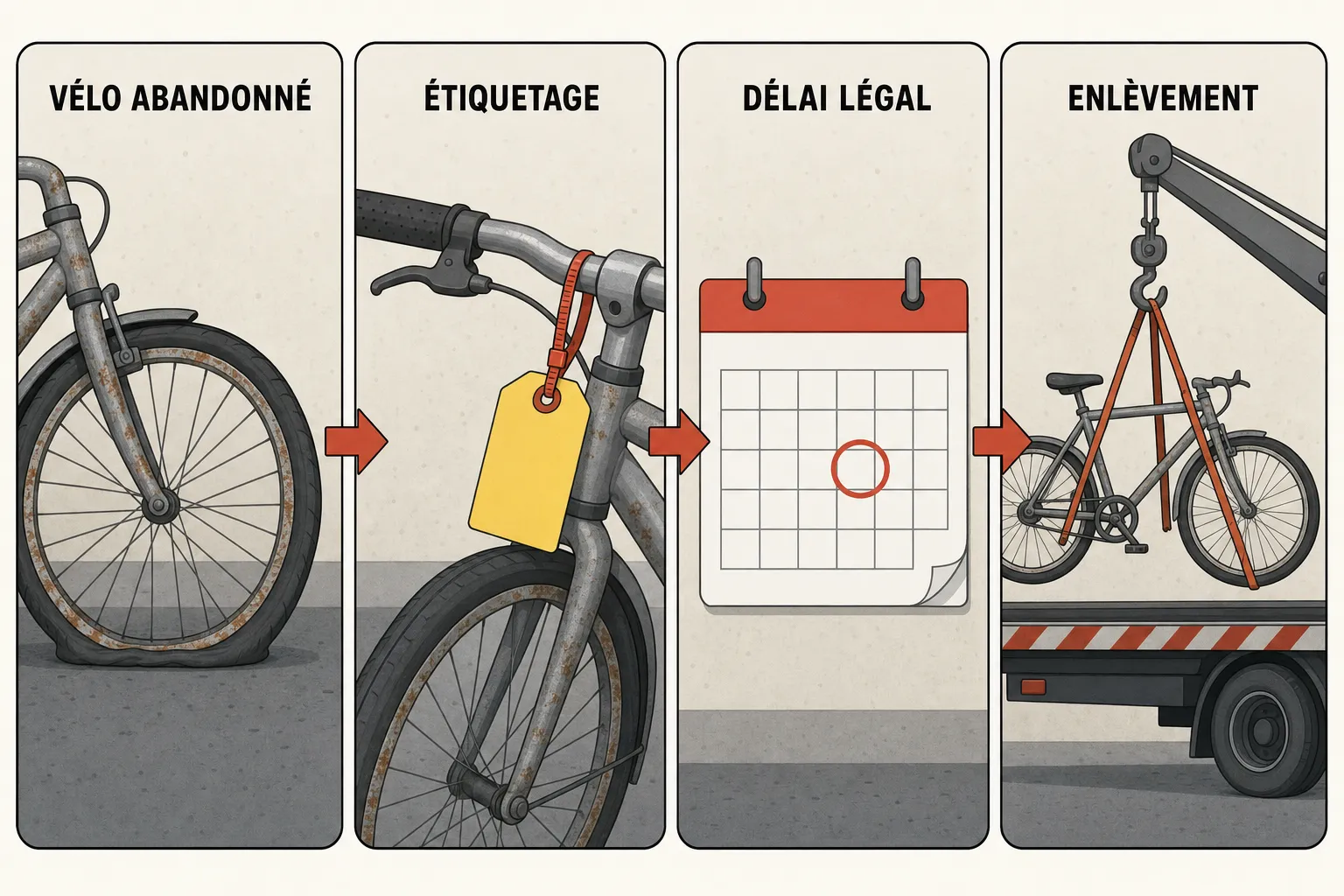 Enlèvement vélo copropriété : étape d’abandon, étiquetage, affichage et enlèvement du vélo abandonné par une benne de copropriété.