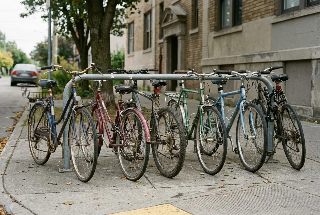 Enlèvement vélo copropriété: plusieurs vélos abandonnés attachés à un poteau devant un immeuble, prêts à être retirés selon la réglementation.