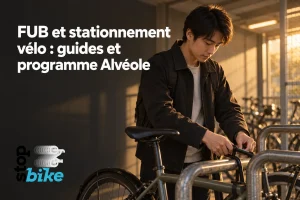 Un jeune homme attache ou vérifie son vélo dans un stationnement couvert.